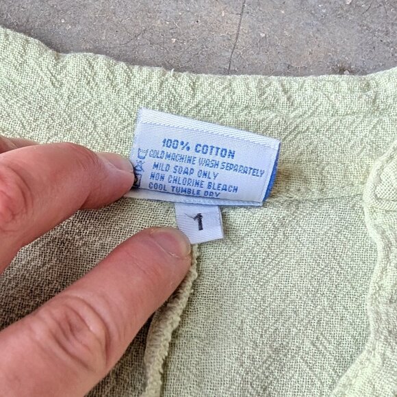 Oh My Gauze! Pastel Green Sage Asymmetric Button Front Short Sleeve Cotton Top - Picture 7 of 9